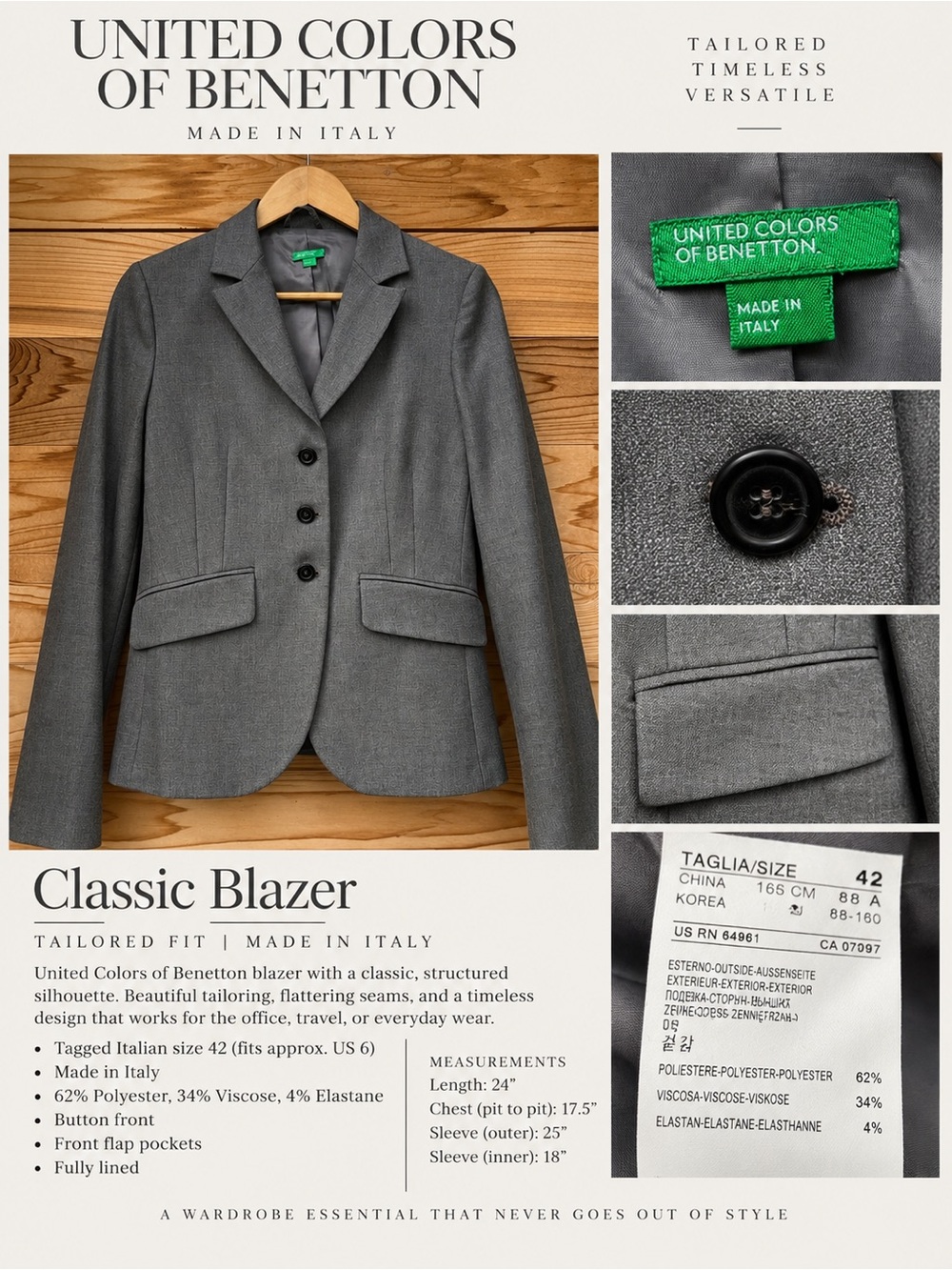 United Colors of Benetton Made in Italy Gray Blazer Size 42 Fits US 6